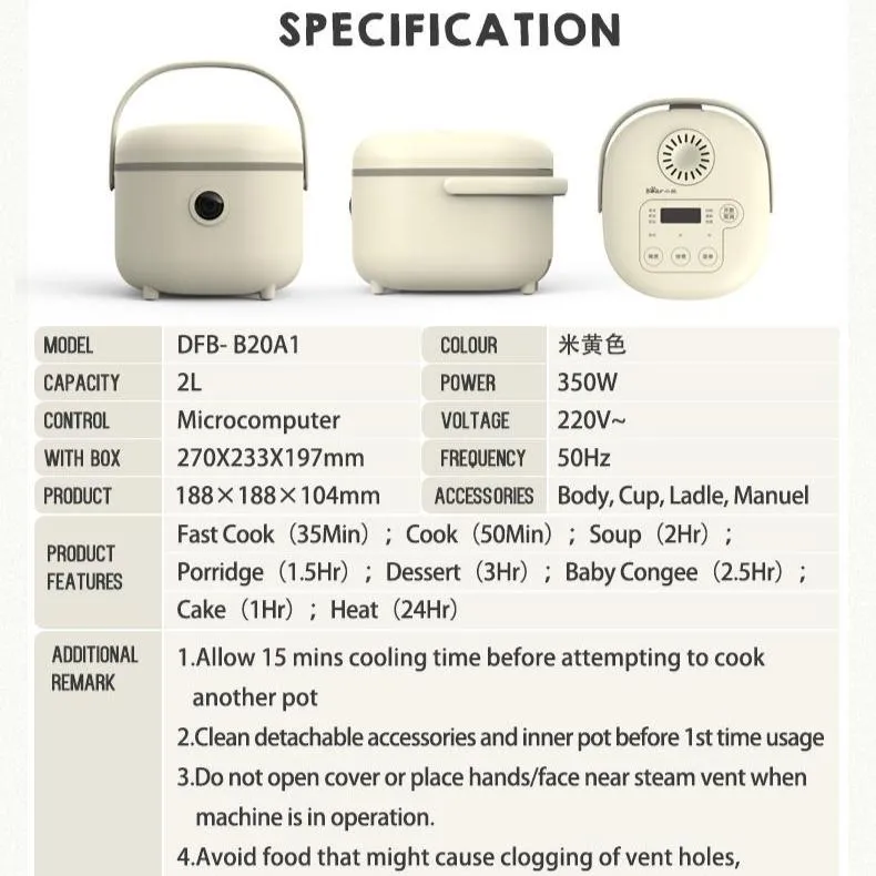 BEAR Rice Cooker Digital, Mini Rice Cooker 8 multi functions Cooker 2L (DFB-B20A1)