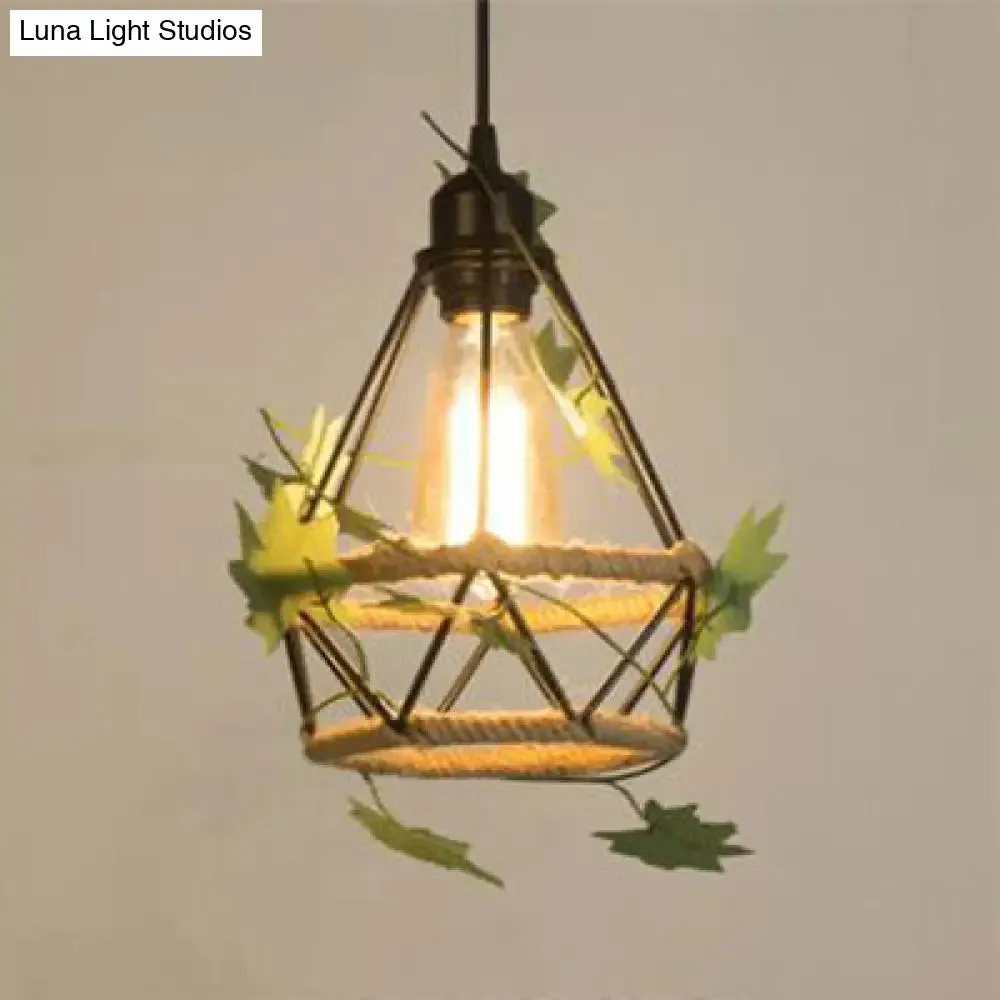 Beige Hanging Lamp: Country Style Metal & Rope Pendant Lighting for Coffee Shop