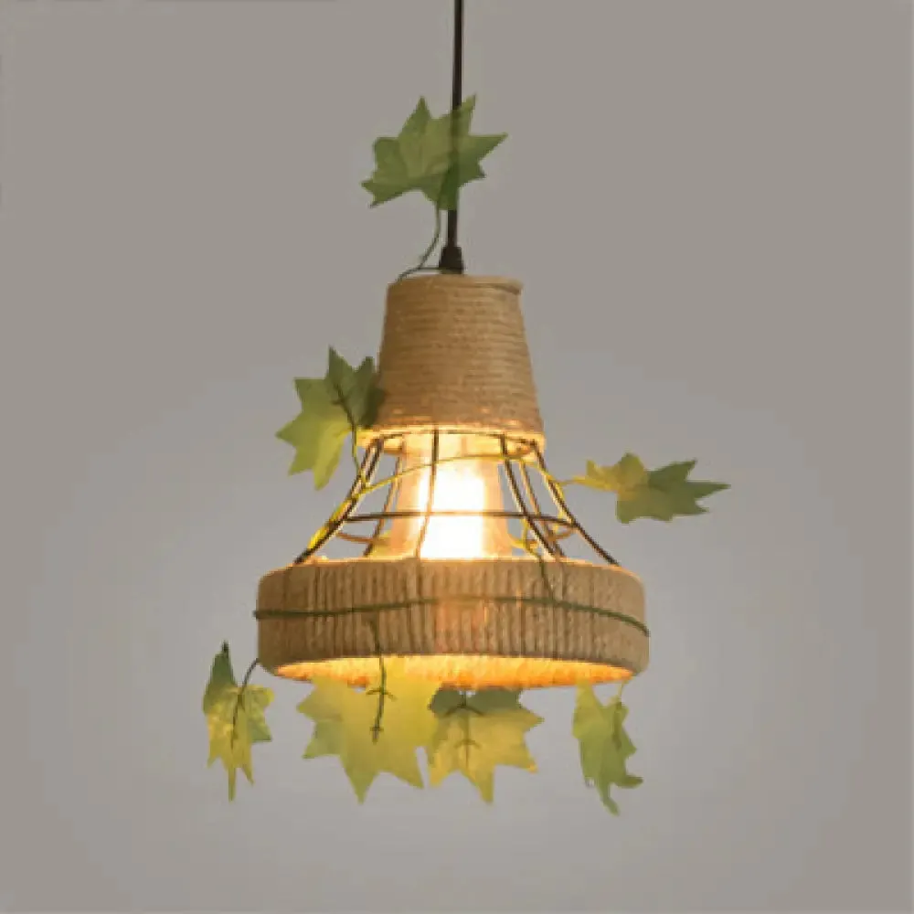 Beige Hanging Lamp: Country Style Metal & Rope Pendant Lighting for Coffee Shop