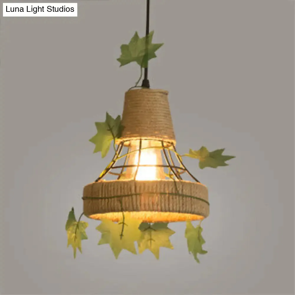 Beige Hanging Lamp: Country Style Metal & Rope Pendant Lighting for Coffee Shop