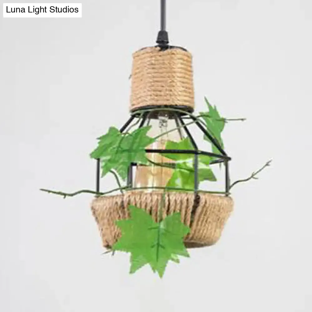 Beige Hanging Lamp: Country Style Metal & Rope Pendant Lighting for Coffee Shop