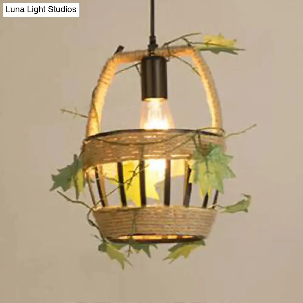 Beige Hanging Lamp: Country Style Metal & Rope Pendant Lighting for Coffee Shop