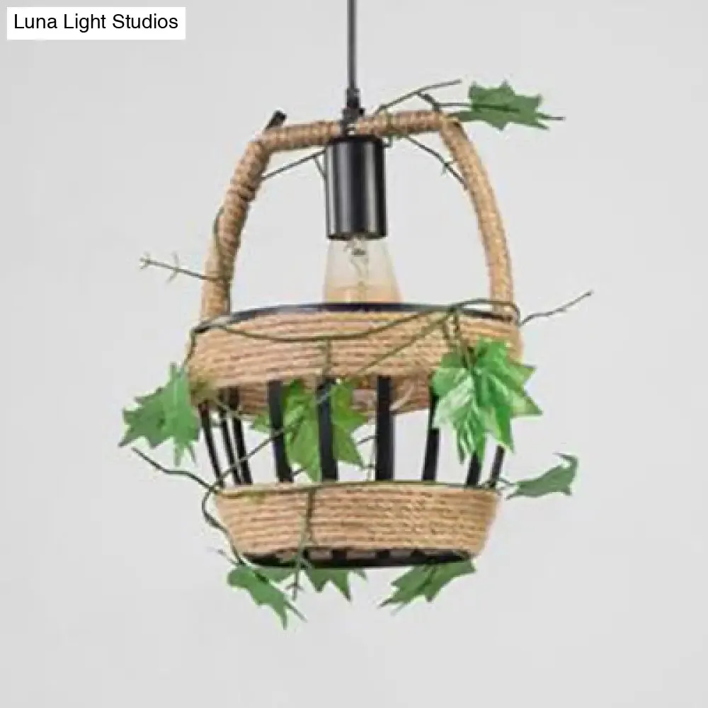 Beige Hanging Lamp: Country Style Metal & Rope Pendant Lighting for Coffee Shop