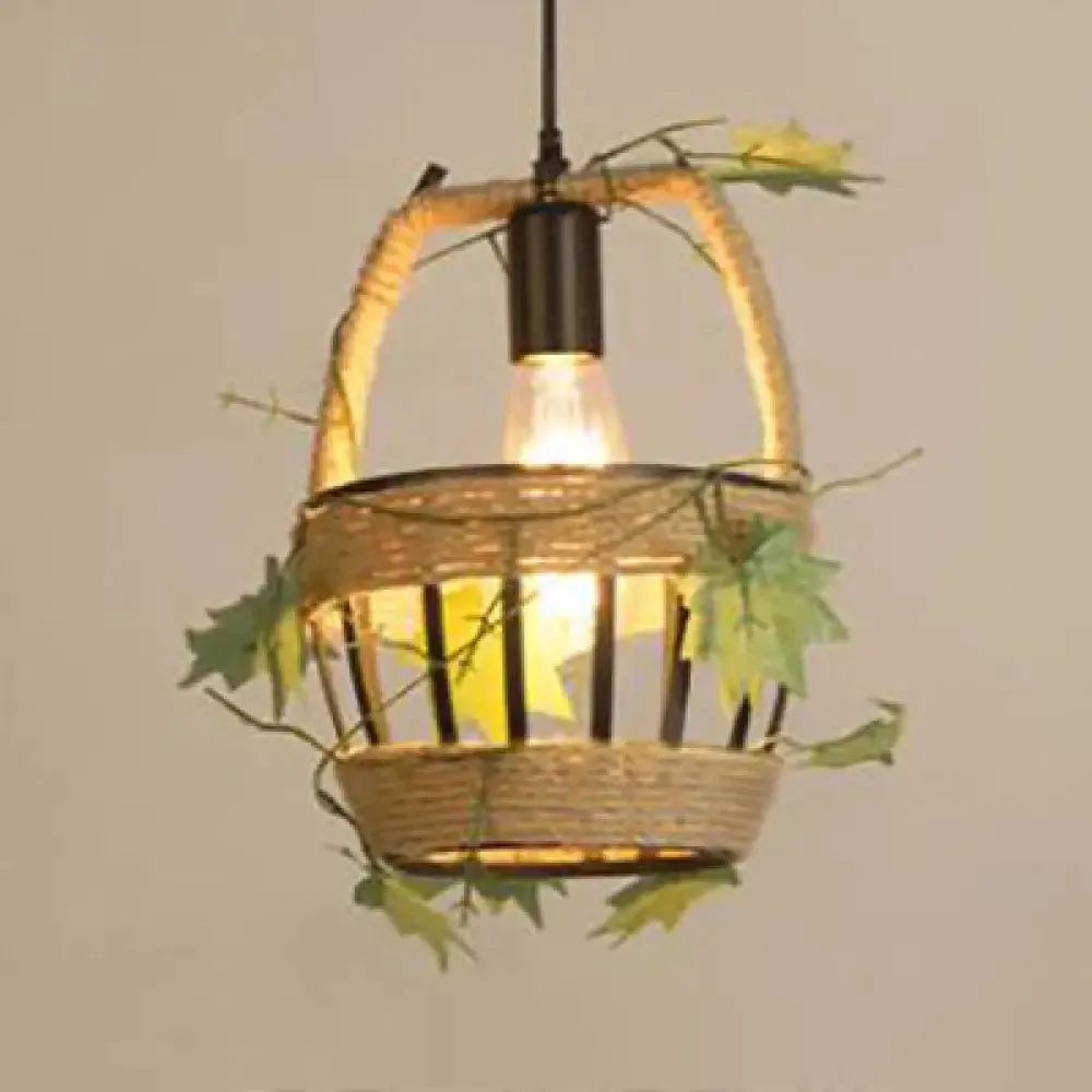 Beige Hanging Lamp: Country Style Metal & Rope Pendant Lighting for Coffee Shop