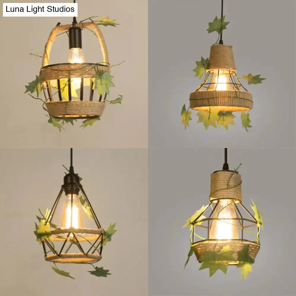 Beige Hanging Lamp: Country Style Metal & Rope Pendant Lighting for Coffee Shop