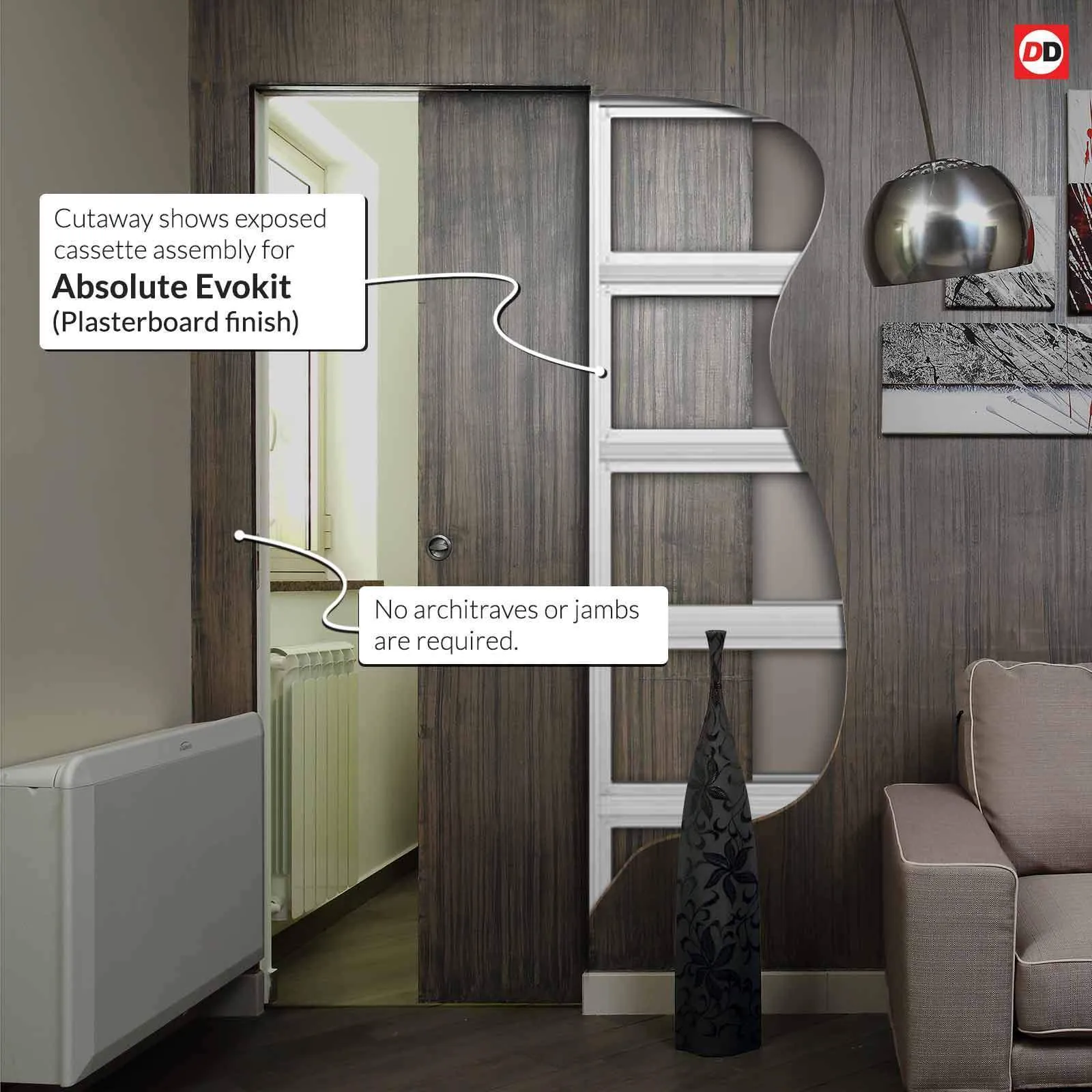 Belize Light Grey Absolute Evokit Single Pocket Door  - Clear Glass Frosted Lines - Prefinished