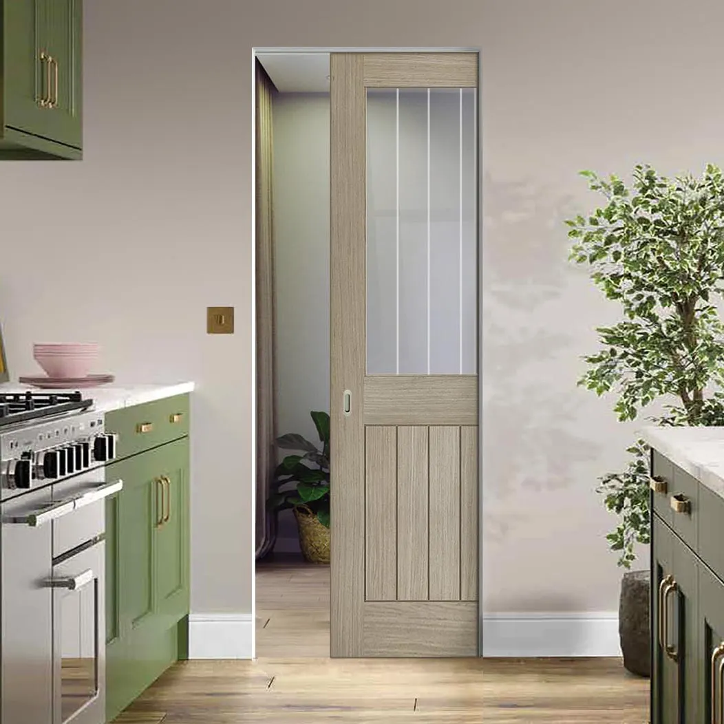 Belize Light Grey Absolute Evokit Single Pocket Door  - Clear Glass Frosted Lines - Prefinished