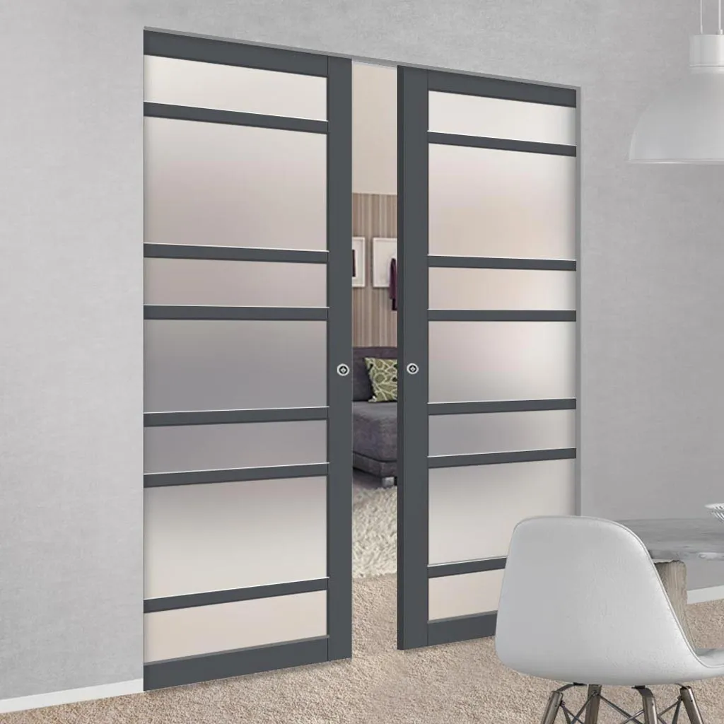 Bespoke Handmade Eco-Urban® Metropolitan 7 Pane Double Absolute Evokit Pocket Door DD6405SG Frosted Glass - Colour Options