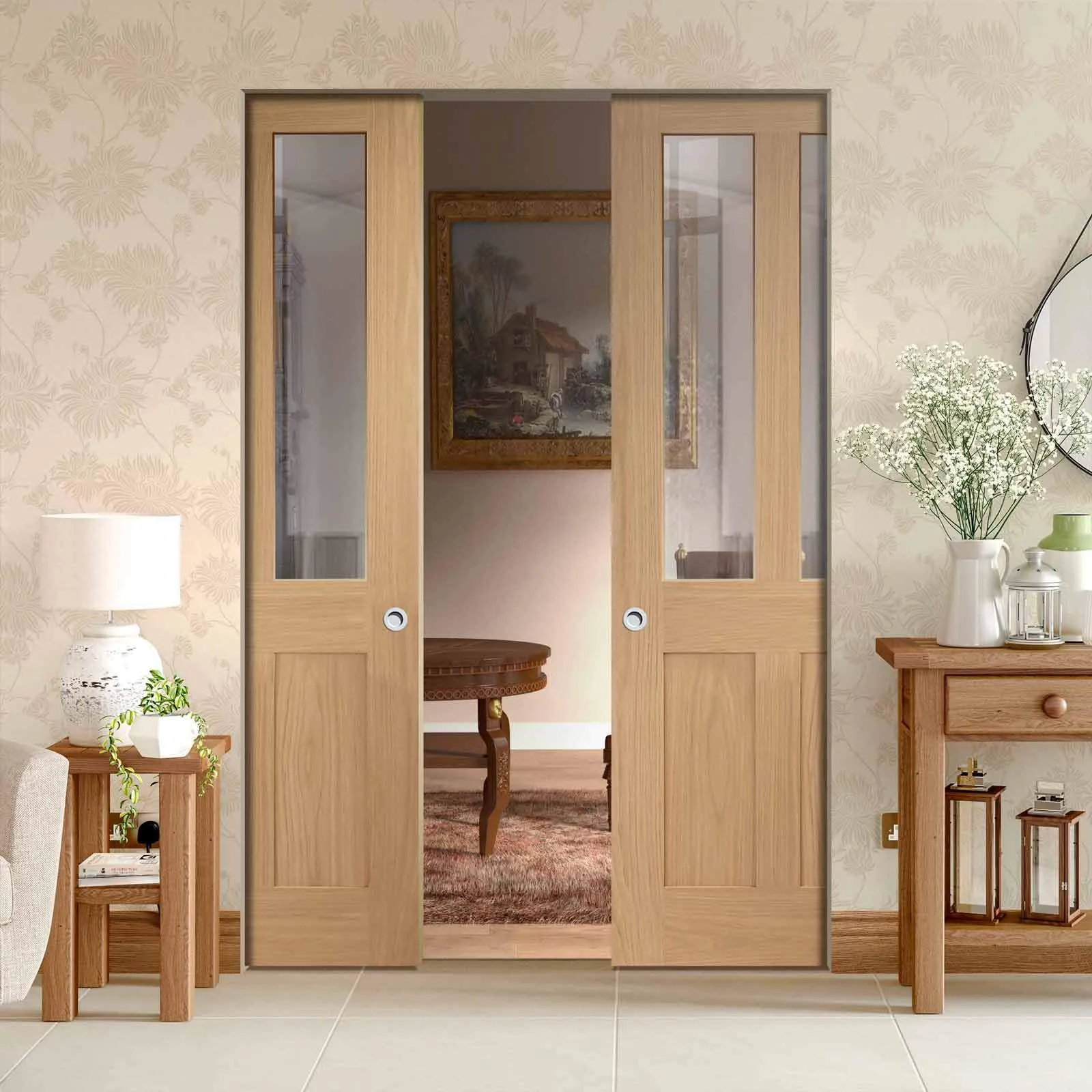 Bespoke Malton Oak Shaker 2P & 2L Glazed Double Frameless Pocket Door