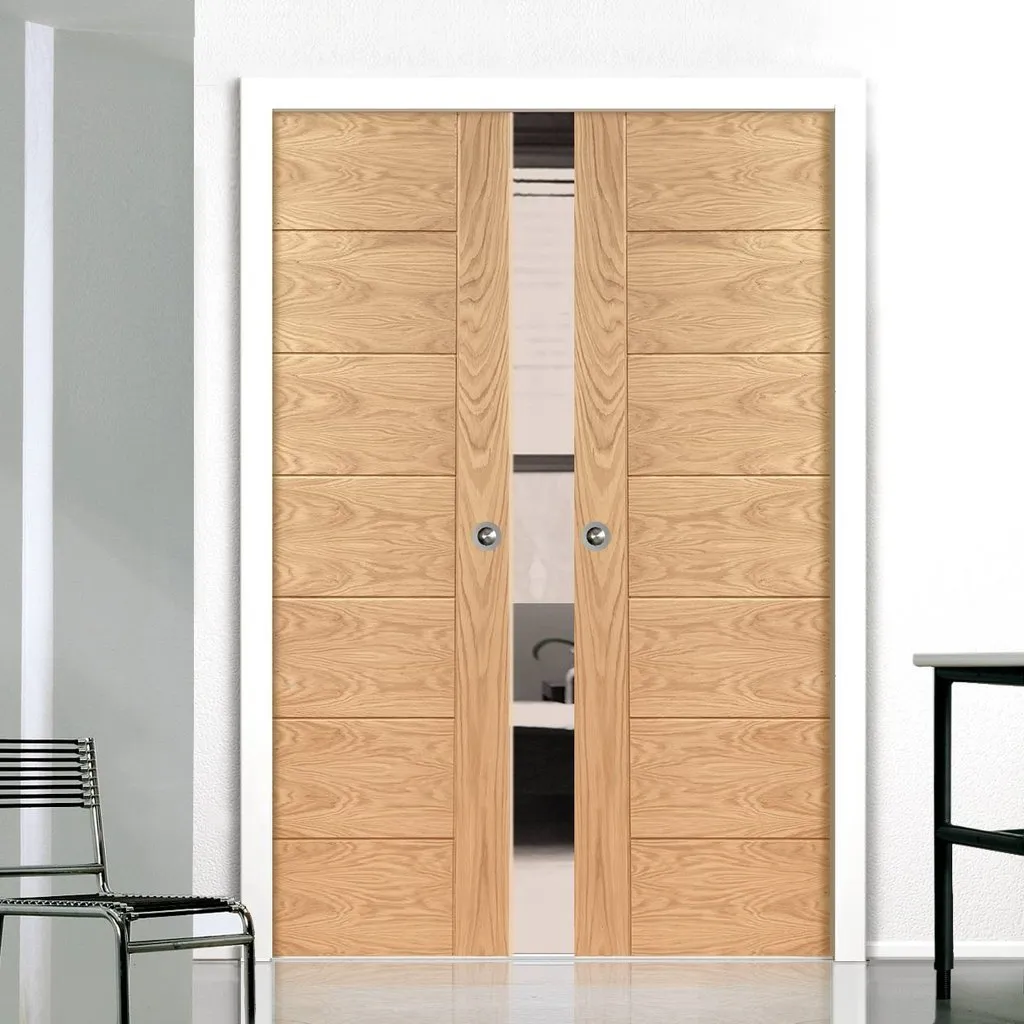 Bespoke Palermo Flush Oak Double Pocket Door - Panel Effect