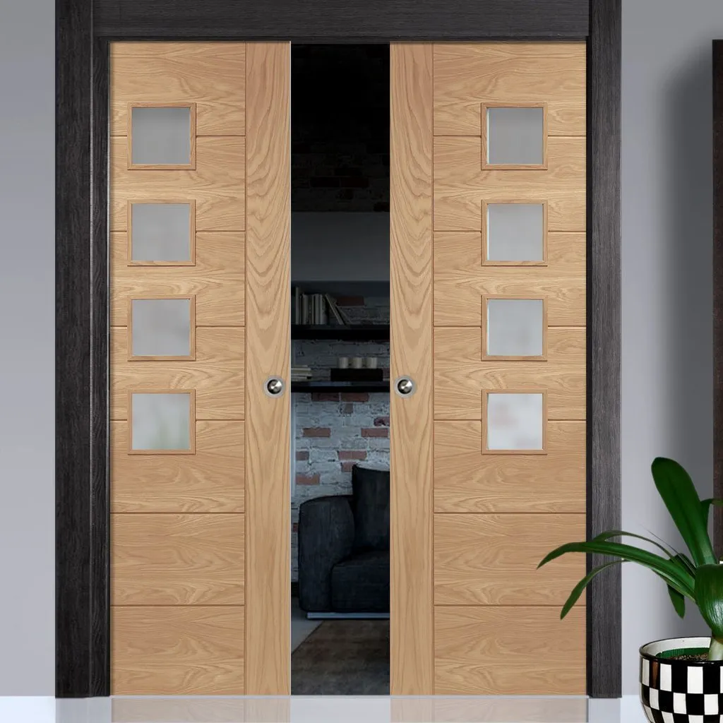 Bespoke Palermo Oak 4L Glazed Double Pocket Door