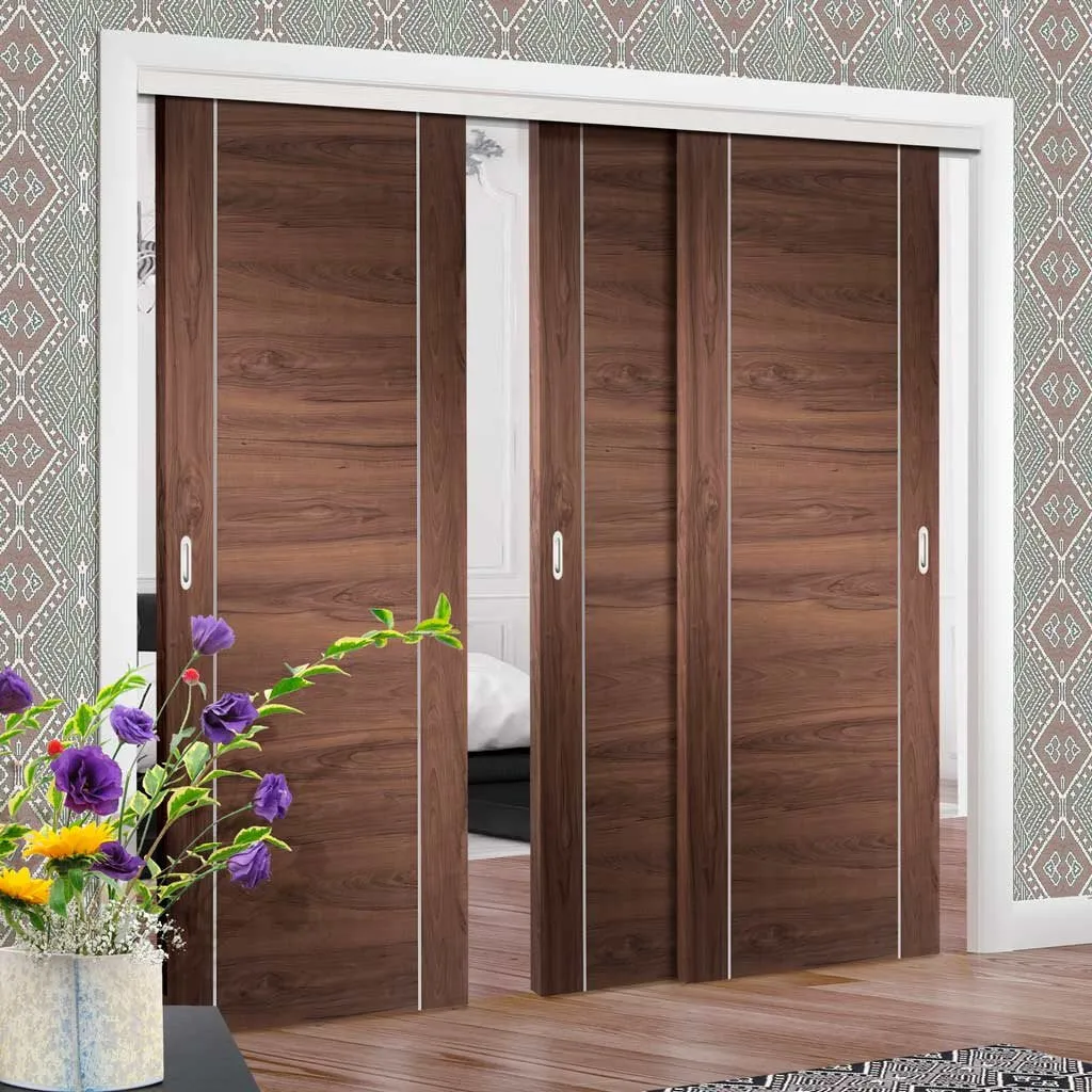 Bespoke Pass-Easi Forli Walnut Flush - 3 Sliding Doors and Frame Kit - Aluminium Inlay - Prefinished