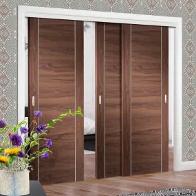 Bespoke Pass-Easi Forli Walnut Flush - 3 Sliding Doors and Frame Kit - Aluminium Inlay - Prefinished