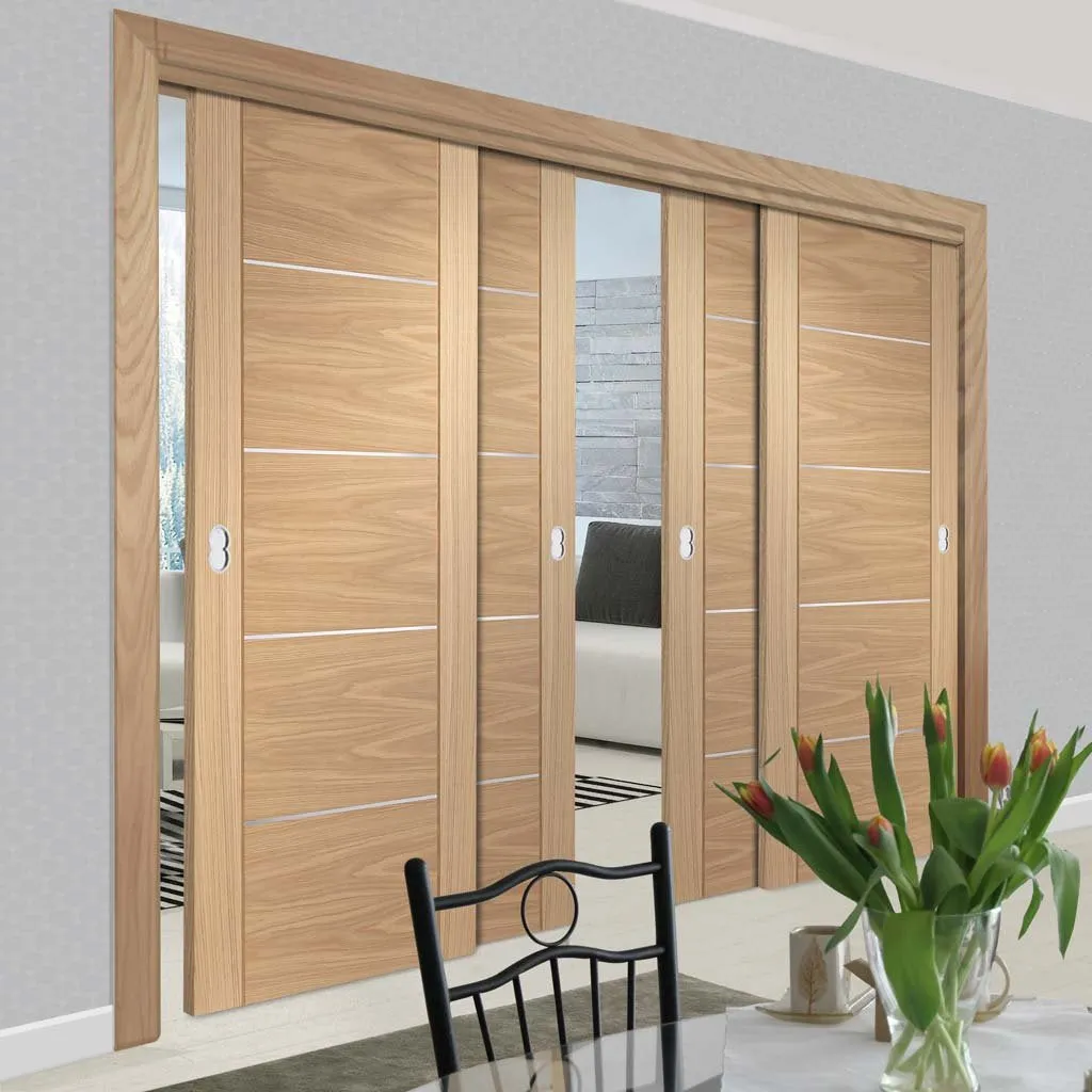 Bespoke Pass-Easi Portici Oak Flush - 4 Sliding Doors and Frame Kit - Aluminium Inlay - Prefinished