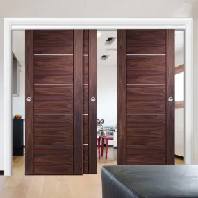 Bespoke Pass-Easi Portici Walnut Flush - 3 Sliding Doors and Frame Kit - Aluminium Inlay - Prefinished