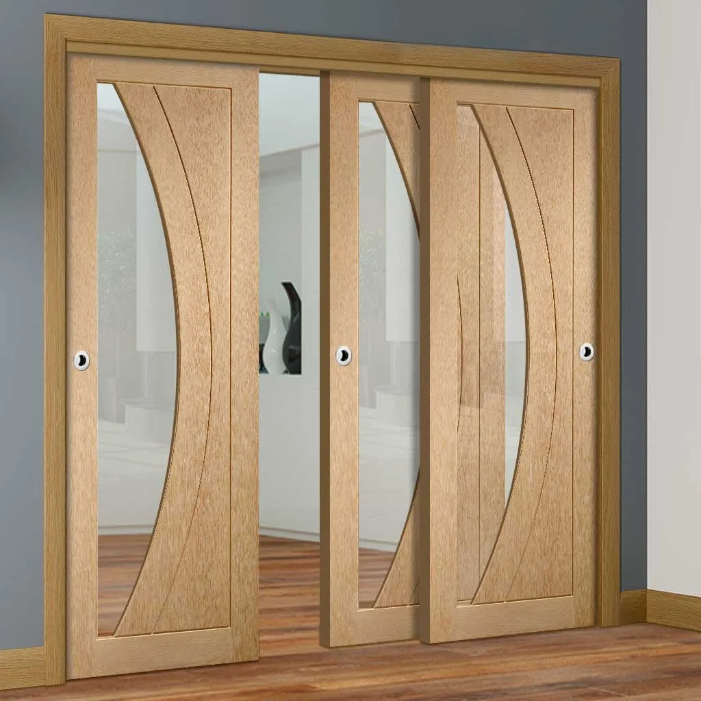 Bespoke Pass-Easi Salerno Oak Glazed - 3 Sliding Doors and Frame Kit - Prefinished