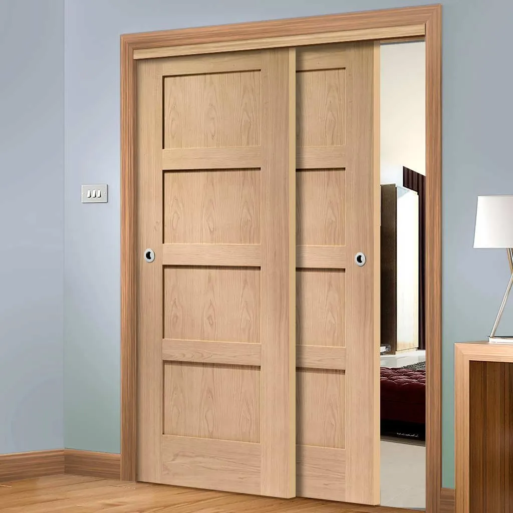 Bespoke Pass-Easi Shaker Oak 4 Panel - 2 Sliding Doors and Frame Kit - Prefinished