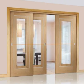 Bespoke Pass-Easi Varese Oak Glazed - 3 Sliding Doors and Frame Kit - Aluminium Inlay - Prefinished