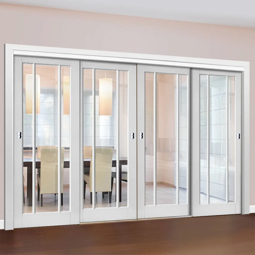 Bespoke Pass-Easi Worcester 3L - 4 Sliding Doors and Frame Kit - Clear Safety Glass - White Primed