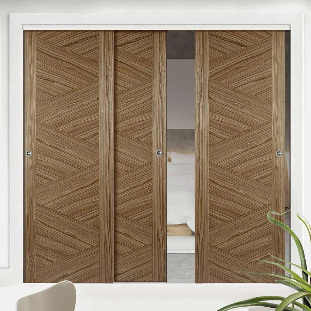 Bespoke Pass-Easi Zeus Walnut Flush Door - 3 Sliding Doors and Frame Kit - Prefinished