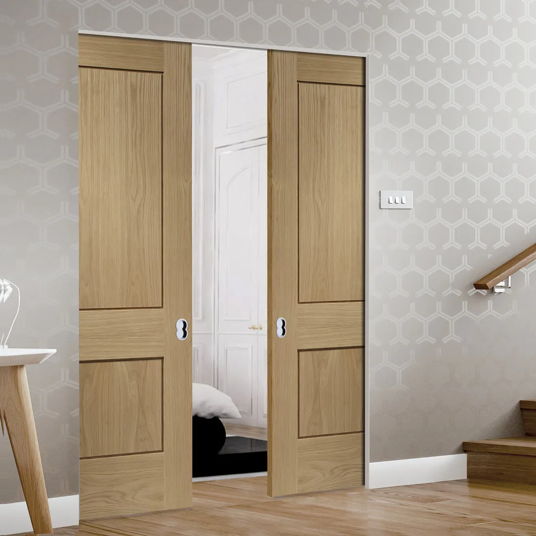 Bespoke Piacenza Oak 2P Flush Double Frameless Pocket Door - Groove Design