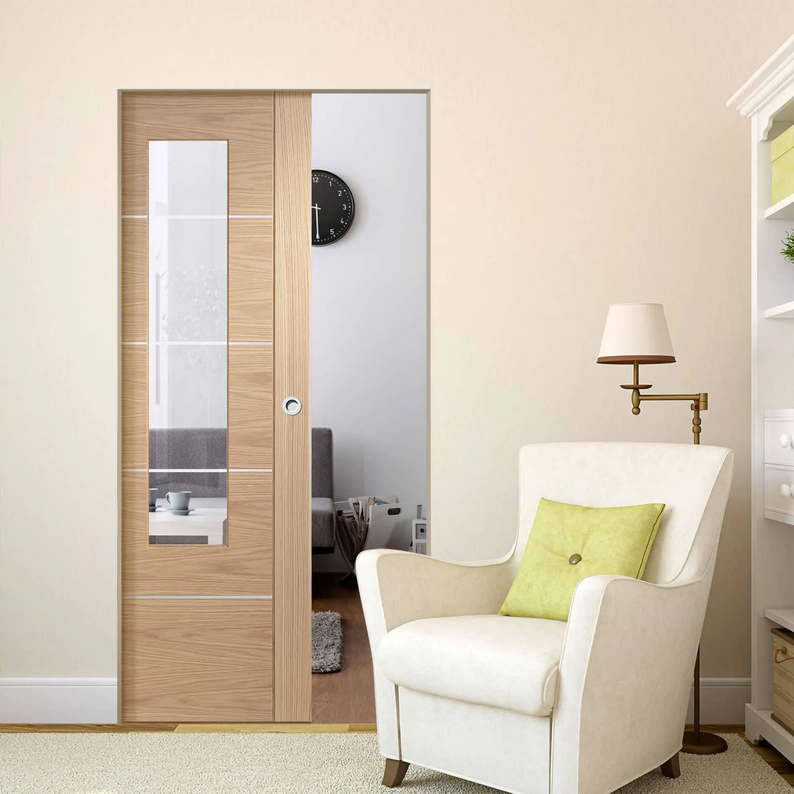 Bespoke Portici Oak Glazed Single Frameless Pocket Door - Aluminium Inlay - Prefinished