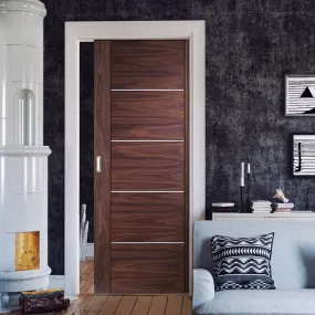 Bespoke Portici Walnut Flush Single Pocket Door - Aluminium Inlay - Prefinished