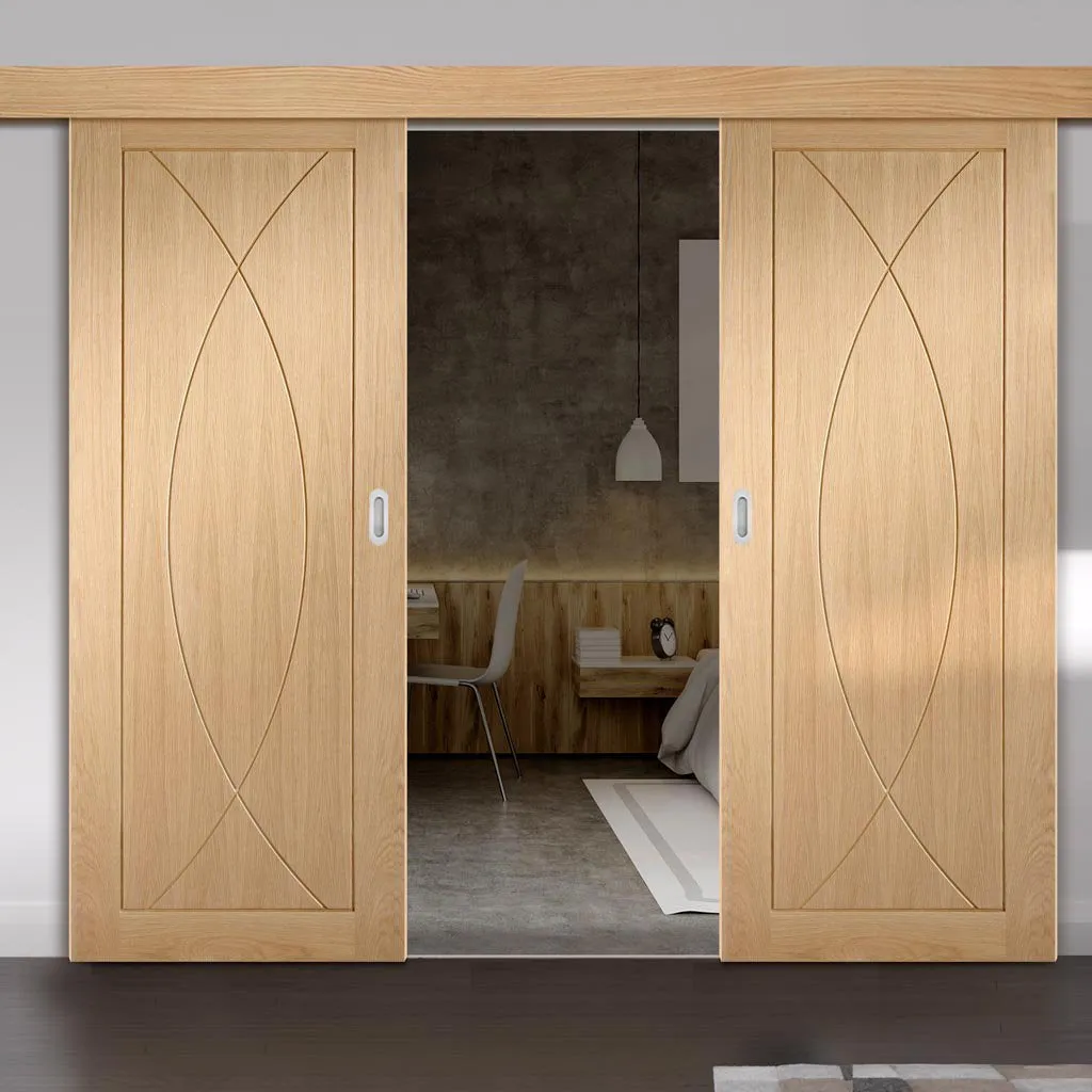 Bespoke Thruslide Surface Pesaro Oak Flush - Sliding Double Door and Track Kit - Prefinished