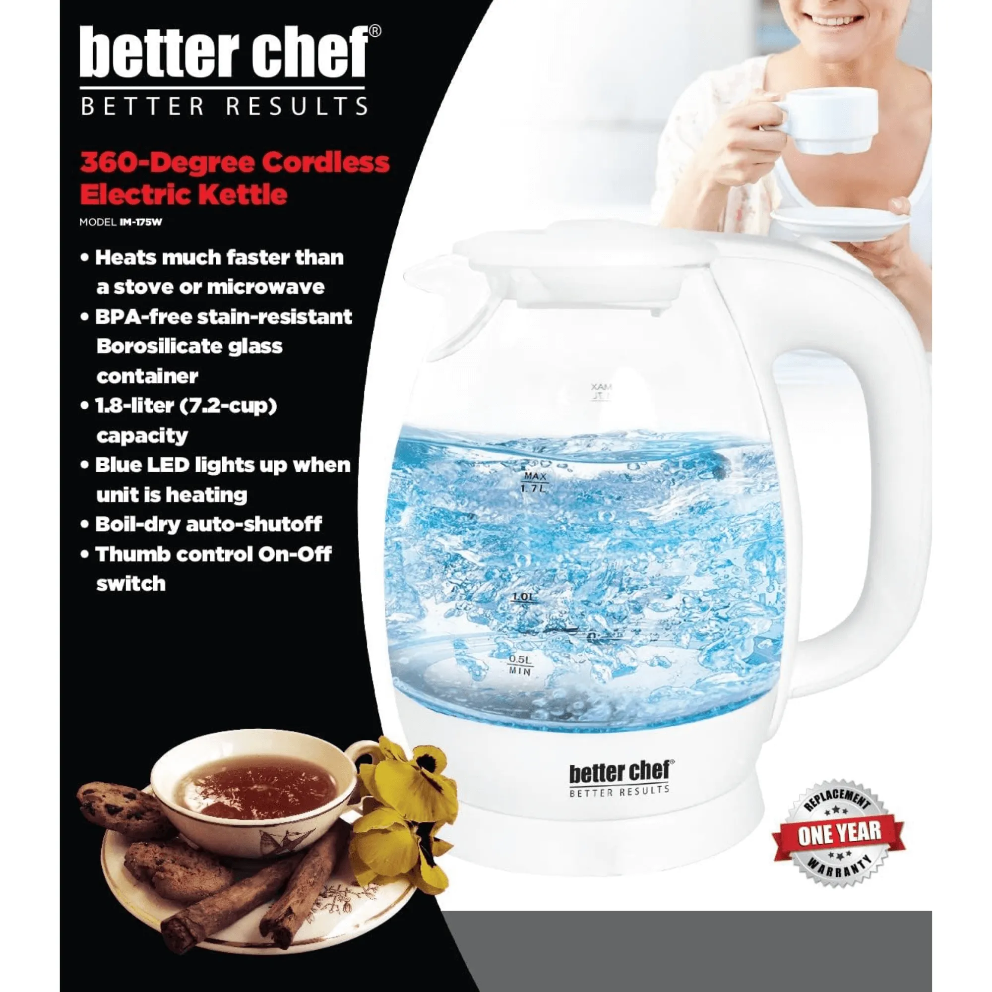 Better Chef 7-Cup Cordless Borosilicate Glass Electric Kettle with LED Light by Jupiter Gear Home