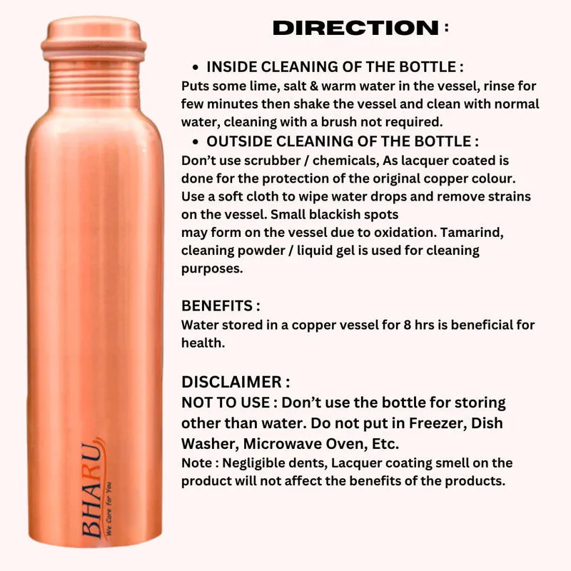 Bharu Plain Copper Bottle 750 ml - Pack of 6