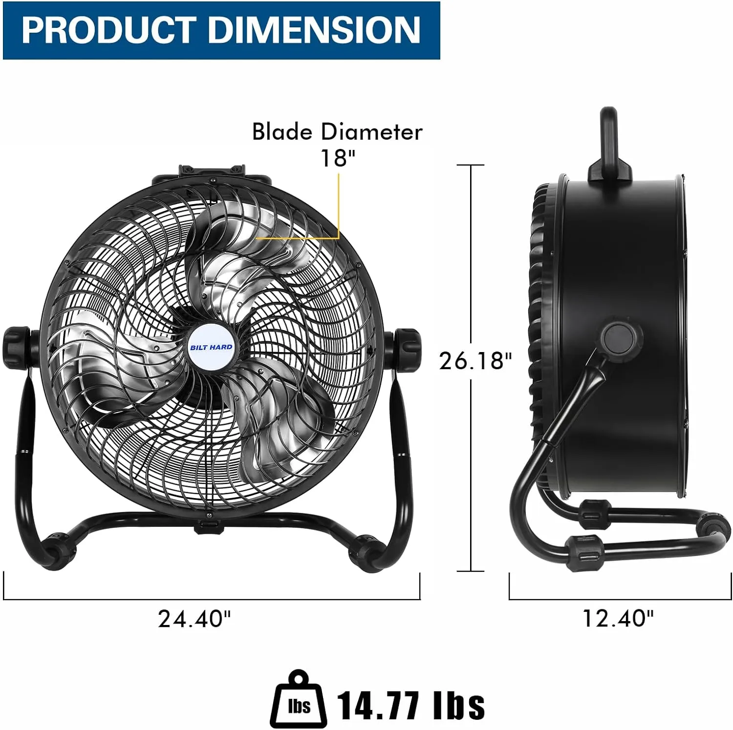 BILT HARD 18" Portable Jobsite Fan Compatible with Dewalt 20V Battery, Cordless Battery Operated Floor Fan for Camping Construction Site (No Battery)