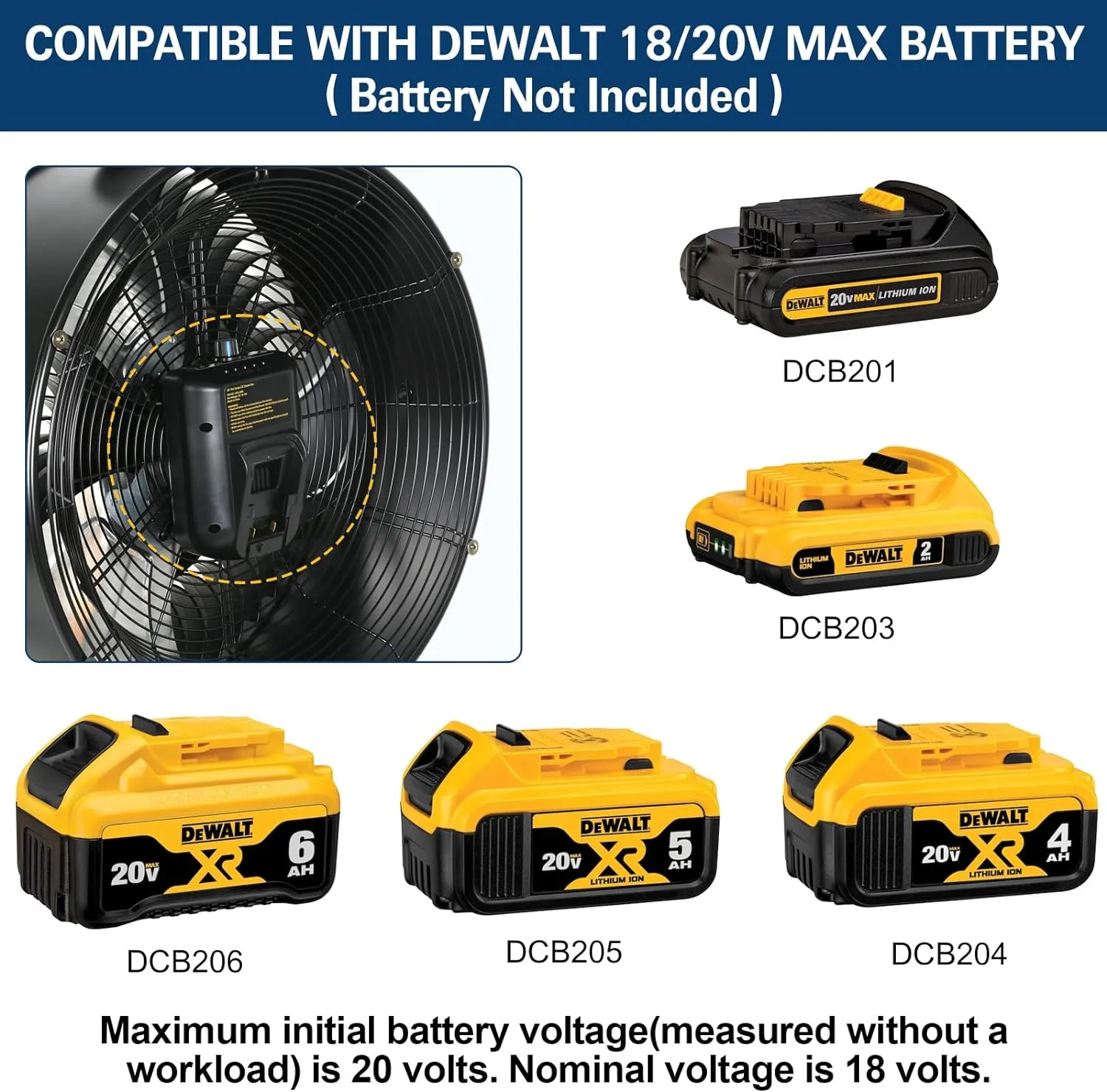 BILT HARD 18" Portable Jobsite Fan Compatible with Dewalt 20V Battery, Cordless Battery Operated Floor Fan for Camping Construction Site (No Battery)