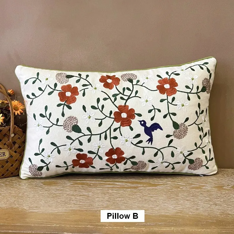 Bird Spring Flower Decorative Throw Pillows, Farmhouse Sofa Decorative Pillows, Embroider Flower Cotton Pillow Covers, Flower Decorative Throw Pillows for Couch