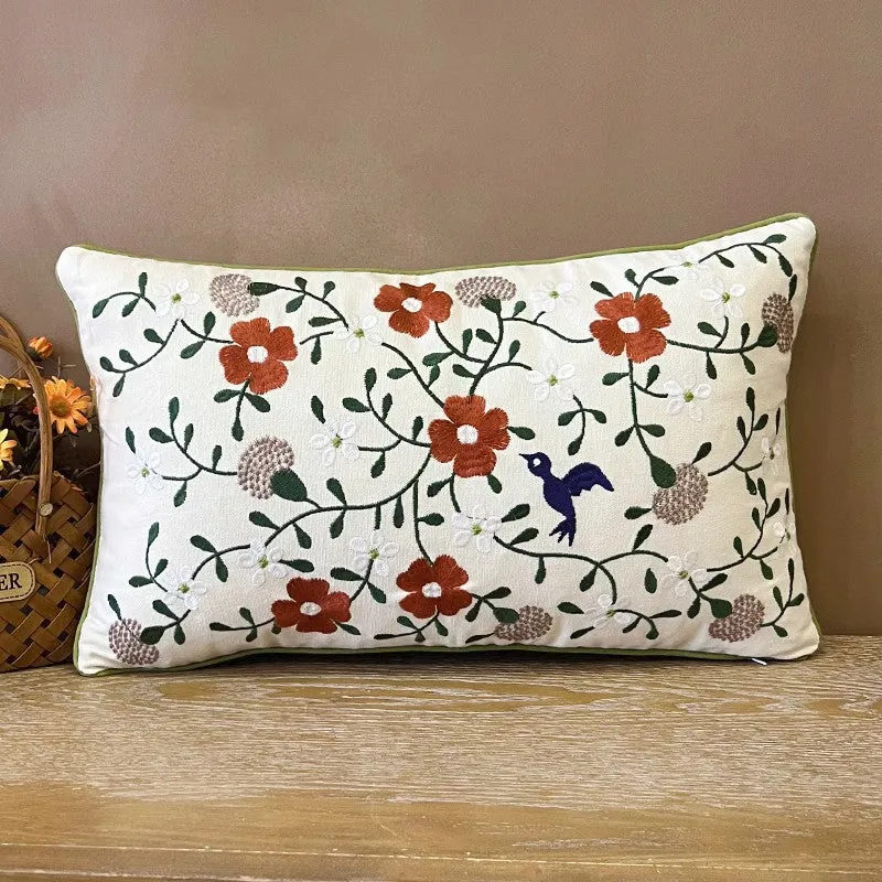 Bird Spring Flower Decorative Throw Pillows, Farmhouse Sofa Decorative Pillows, Embroider Flower Cotton Pillow Covers, Flower Decorative Throw Pillows for Couch