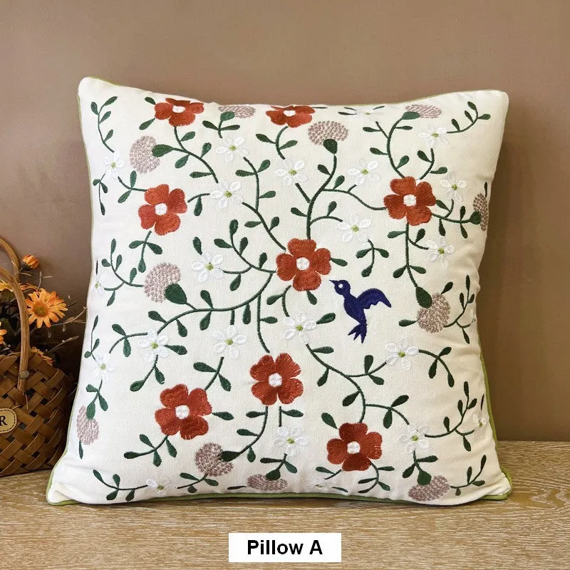 Bird Spring Flower Decorative Throw Pillows, Farmhouse Sofa Decorative Pillows, Embroider Flower Cotton Pillow Covers, Flower Decorative Throw Pillows for Couch