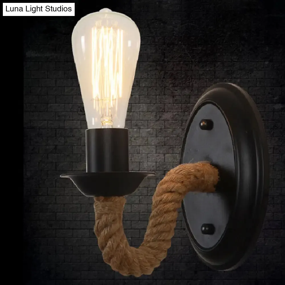 Black Wall Light with Curved Rope Arm - Lodge Metal Oval/Round Backplate and 1 Bulb