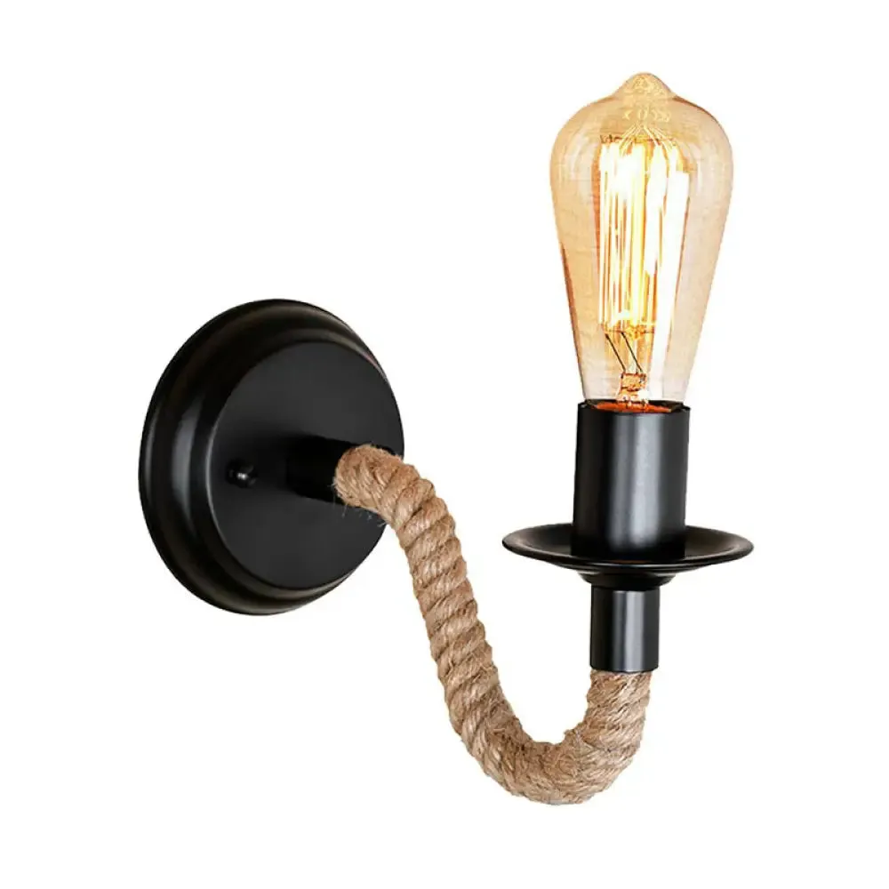 Black Wall Light with Curved Rope Arm - Lodge Metal Oval/Round Backplate and 1 Bulb