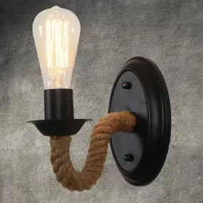 Black Wall Light with Curved Rope Arm - Lodge Metal Oval/Round Backplate and 1 Bulb