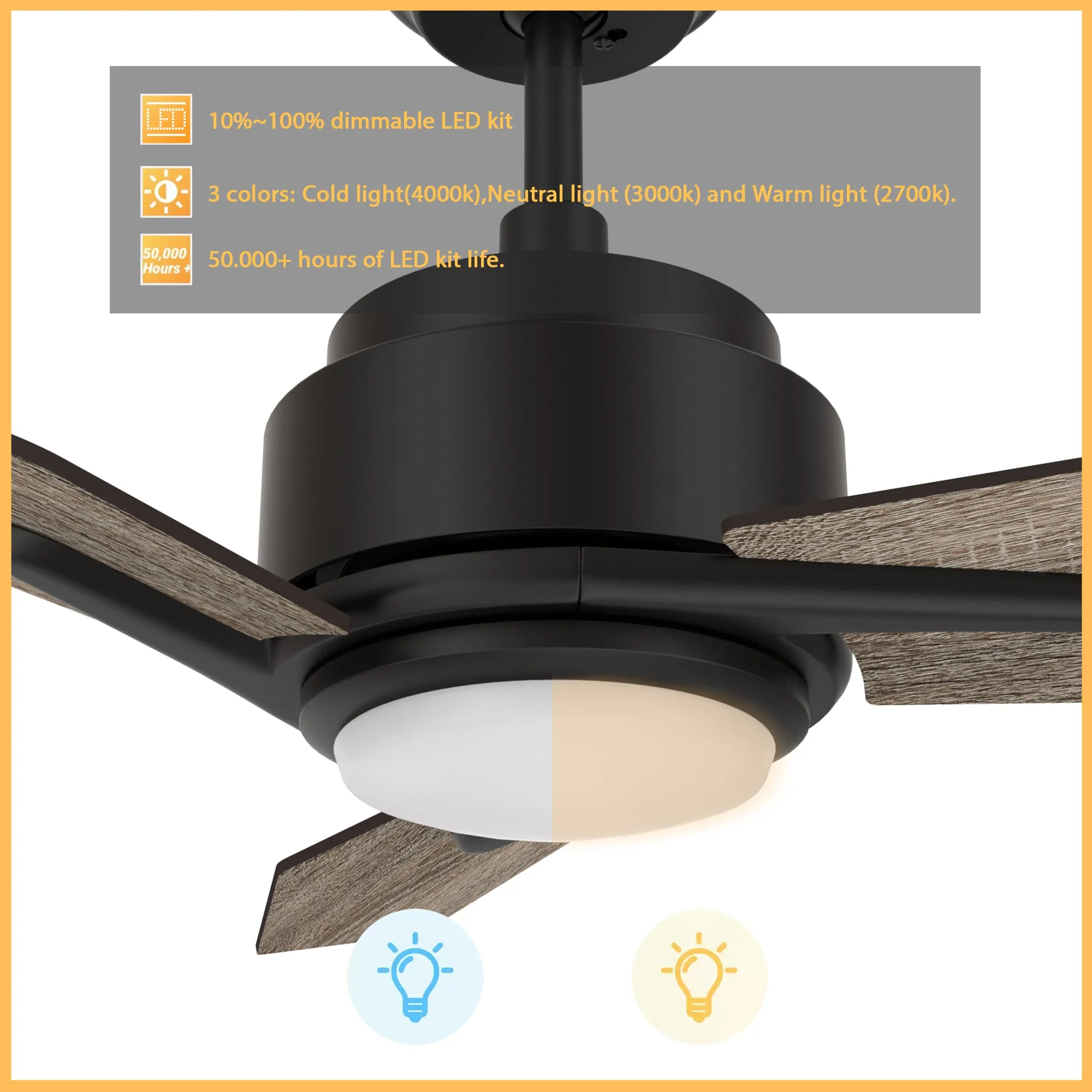 CALEN 48 inch 3-Blade Smart Ceiling Fan with LED Light Kit & Remote Control- Black/Wood Pattern