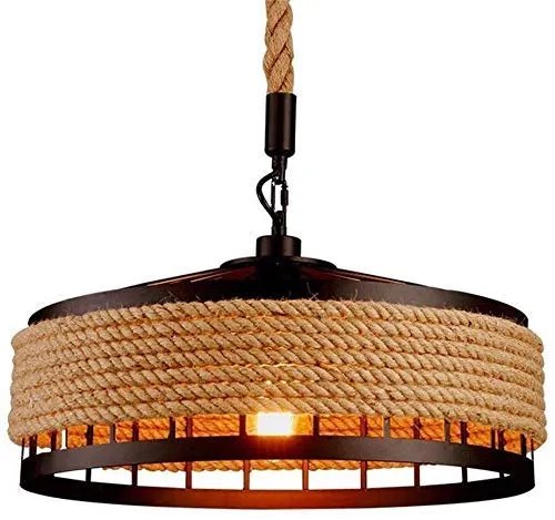 C&K Ceiling Light, Retro Industrial Iron Vintage Loft Ceiling Lamp Chandelier Rustic Hemp Rope Iron Candlestick Pendant Light Round Hanging Iron Cage Hanging (Without Lamp)