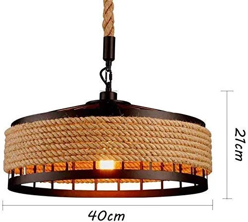 C&K Ceiling Light, Retro Industrial Iron Vintage Loft Ceiling Lamp Chandelier Rustic Hemp Rope Iron Candlestick Pendant Light Round Hanging Iron Cage Hanging (Without Lamp)