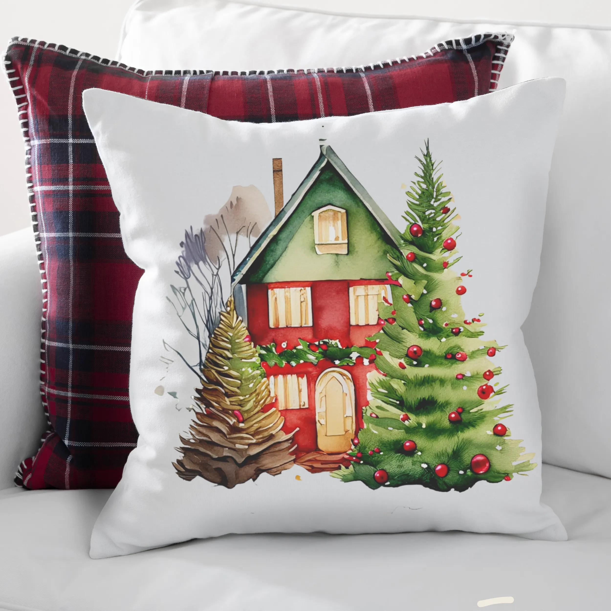 Christmas Houses Pillow Covers, Rustic Country Square covers, Country Farmhouse Decor