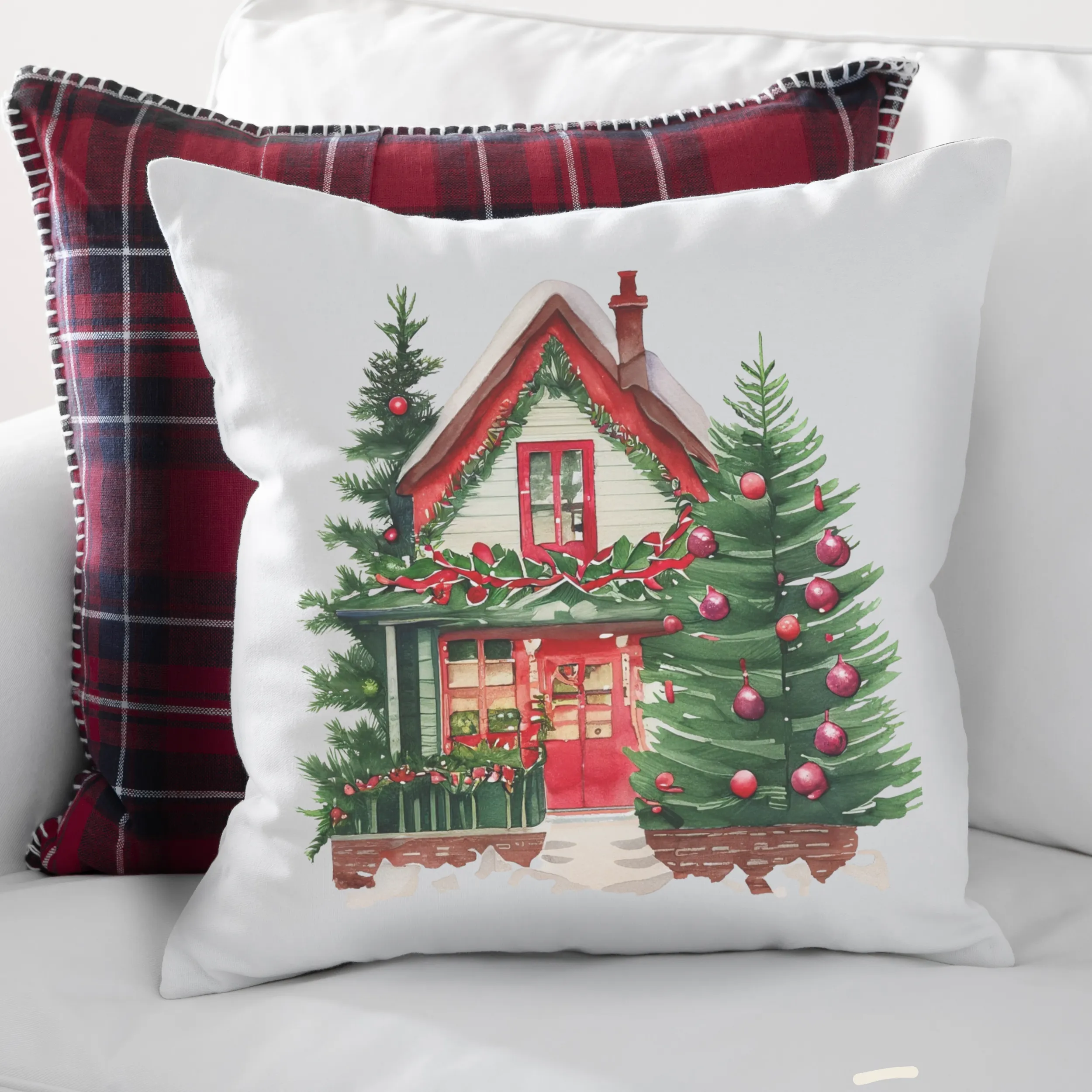 Christmas Houses Pillow Covers, Rustic Country Square covers, Country Farmhouse Decor