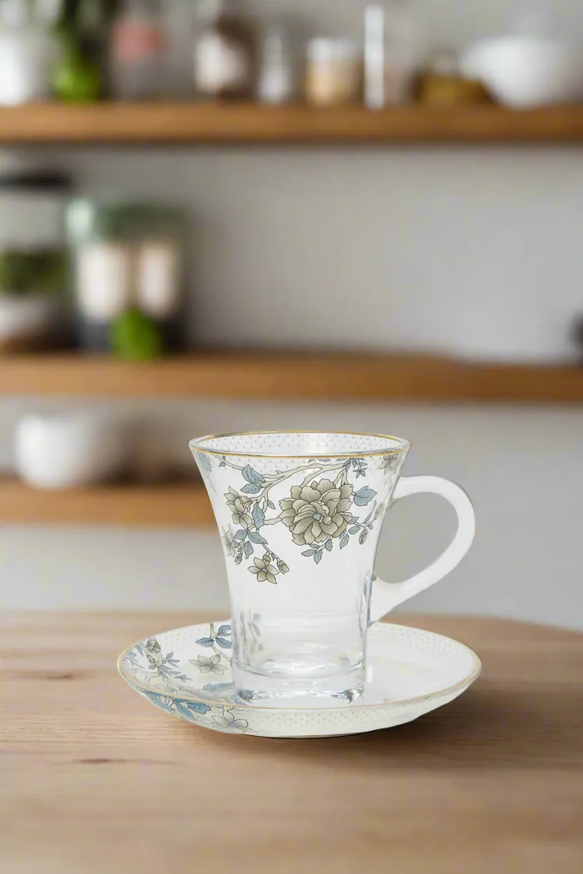 Clear Floral Glass Tea Cup And Saucer (2 Piece)