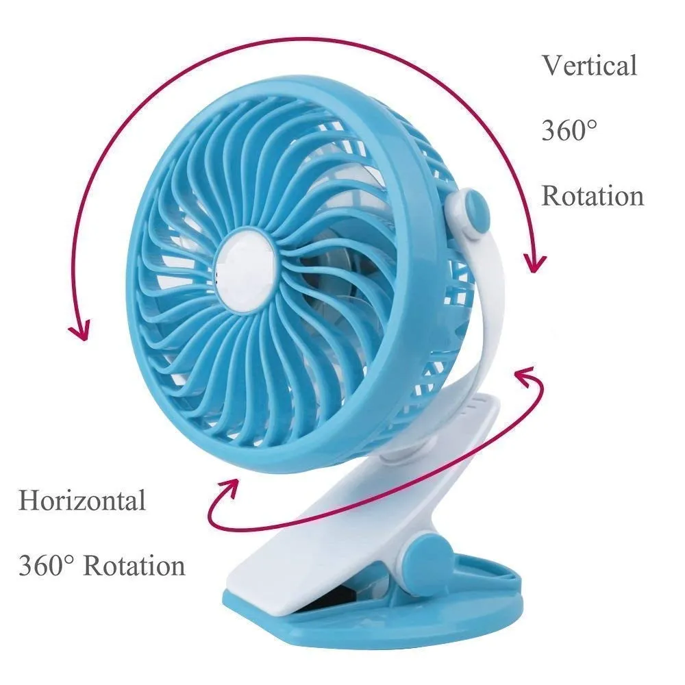 Clip on Table Fan, 360° Rotation Portable Small Desk Fan, 3 Speed Personal Rechargeable Battery Fan with Clip, Mini Clip Fan for Stroller, Camping, Office, Desk (Multicolored )