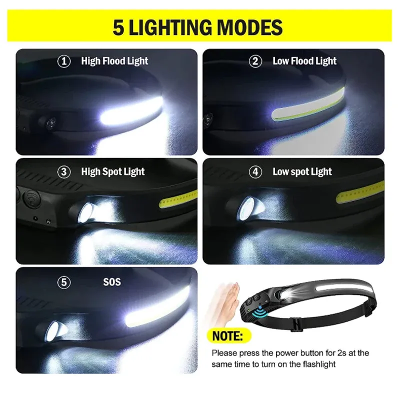 COB LED Induction Riding Headlamp 1200mAh USB Rechargeable Hunting Soft and not Strangling Flashlight Work Light 6 Modes Torch