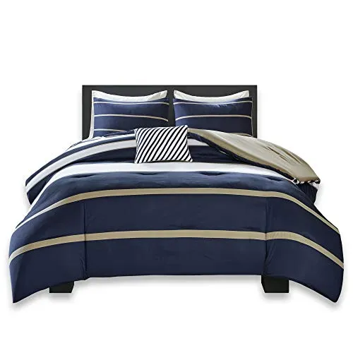 Comforter Set - 4 Piece - White/Blue - Stripes