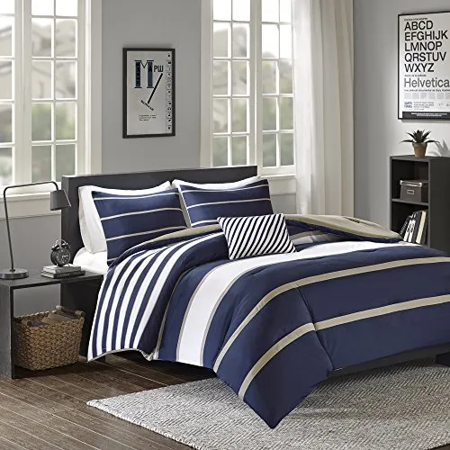 Comforter Set - 4 Piece - White/Blue - Stripes