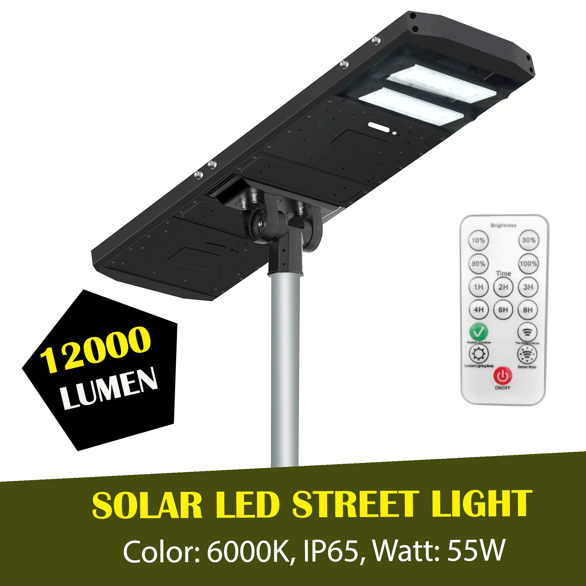 Commercial and Municipal Solar Street Parking Lot Light Fixture, 12000 Lumen, 3 Year Warranty