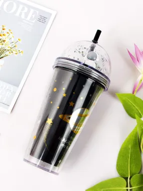 Cute Cartoon Creative Space Planet Design Straw Cups Water Bottle Tumbler Flask - 450ml